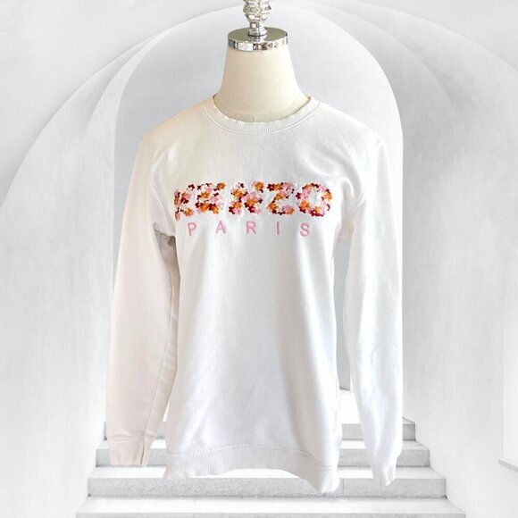 Kenzo Tops - Kenzo White Floral Logo Embroidered Cotton Crewneck Sweatshirt S